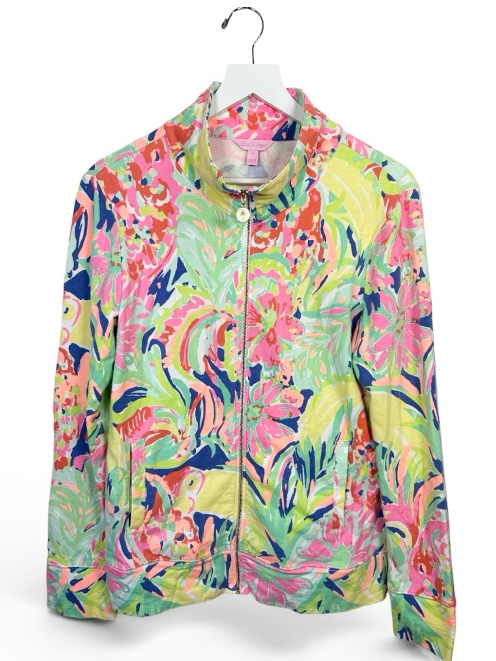 LILLY PULITZER Reagan Jacket Casa Banana Zipper Hot Pink Green Yellow W2374 Sz L